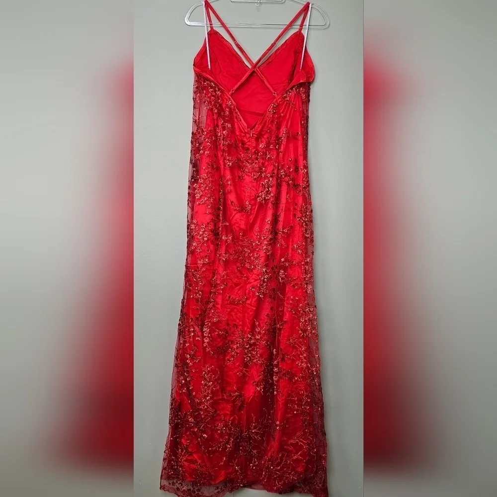 Lulus Blissful Blossoms Red Sequin Backless Embroidered Mesh Maxi Dress - XL